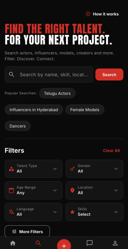 The Discover screen in the ActorOS app: a search box above filters for talent type, gender, age range, location, language and skills.